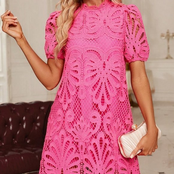 Pink PReppy Womens Guipure Lace Puff Sleeve Tunic Dress - Picture 2 of 5